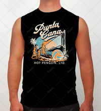 Black men’s sleeveless shirt with ‘Punta Cana’ beach volleyball graphic by Hot Penguin, Ltd.