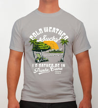 Gray t-shirt with “Cold Weather Sucks, I’d Rather Be in Punta Cana” and beach scene by Hot Penguin, Ltd.