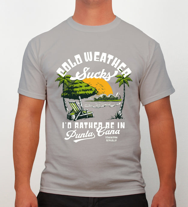 Gray t-shirt with “Cold Weather Sucks, I’d Rather Be in Punta Cana” and beach scene by Hot Penguin, Ltd.