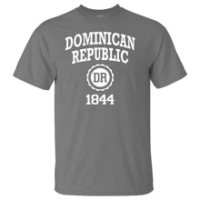 Grey men’s t‑shirt with ‘Dominican Republic 1844’ text and DR seal by Punta Cana T‑Shirts.