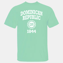 Pastel green men’s t‑shirt with ‘Dominican Republic 1844’ text and DR seal by Punta Cana T‑Shirts.