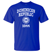 Royal blue men’s t‑shirt with ‘Dominican Republic 1844’ text and DR seal by Punta Cana T‑Shirts.