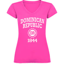 Fuchsia women’s v-neck t-shirt with “Dominican Republic 1844” and DR badge by Punta Cana T-Shirts.