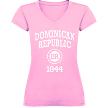 Light pink women’s v-neck t-shirt with “Dominican Republic 1844” and DR badge by Punta Cana T-Shirts.