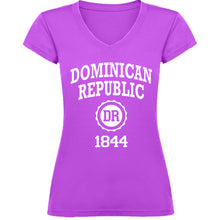 Pastel purple women’s v-neck t-shirt with “Dominican Republic 1844” and DR badge by Punta Cana T-Shirts.