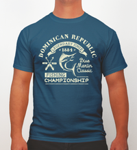 Indigo blue men’s t‑shirt with ‘Dominican Republic Fishing Championship’ blue marlin graphic by Hot Penguin, Ltd.