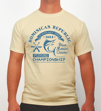 Vanilla men’s t‑shirt with ‘Dominican Republic Fishing Championship’ blue marlin graphic by Hot Penguin, Ltd.
