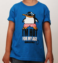 Turquoise kids’ t-shirt with penguin graphic and “I’m Hot for My Age” text by Hot Penguin, Ltd.