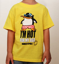 Yellow kids’ t-shirt with penguin graphic and “I’m Hot for My Age” text by Hot Penguin, Ltd.