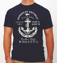 Navy blue men’s t‑shirt with ‘Dominican Republic Sailing Regatta’ anchor graphic by Hot Penguin, Ltd.