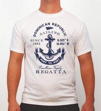 White men’s t‑shirt with ‘Dominican Republic Sailing Regatta’ anchor graphic by Hot Penguin, Ltd.