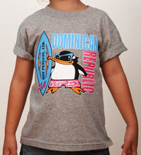 Gray kids’ t-shirt with surfing penguin and “Dominican Republic” graphic by Hot Penguin, Ltd.