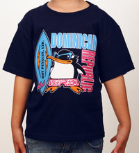 Navy kids’ t-shirt with surfing penguin and “Dominican Republic” graphic by Hot Penguin, Ltd.