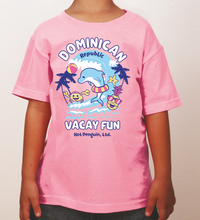Baby pink kids’ t-shirt with “Dominican Republic Vacay Fun” dolphin beach graphic by Hot Penguin, Ltd.
