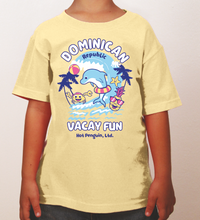 Vanilla kids’ t-shirt with “Dominican Republic Vacay Fun” dolphin beach graphic by Hot Penguin, Ltd.