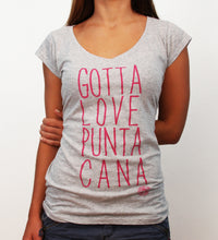 Gray women’s v-neck t-shirt with pink “Gotta Love Punta Cana” print by Hot Penguin, Ltd.