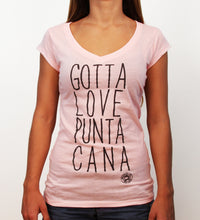 Light pink women’s v-neck t-shirt with black “Gotta Love Punta Cana” print by Hot Penguin, Ltd.