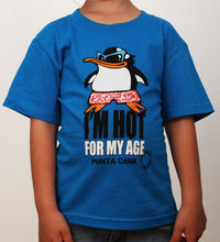 Turquoise kids’ t-shirt with penguin and “I’m Hot For My Age Punta Cana” by Hot Penguin, Ltd.