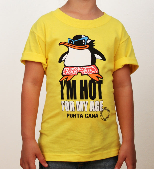 Yellow kids’ t-shirt with penguin and “I’m Hot For My Age Punta Cana” by Hot Penguin, Ltd.