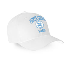 White adult cap with ‘Punta Cana 1969’ text and DR seal by Punta Cana T-Shirts.