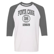 White and grey men’s raglan long sleeve shirt with ‘Punta Cana 1969’ text by Punta Cana T-Shirts.