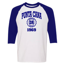 White and navy men’s raglan long sleeve shirt with ‘Punta Cana 1969’ text by Punta Cana T-Shirts.