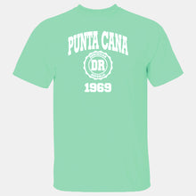 Green men’s t-shirt with “Punta Cana 1969” and Dominican Republic badge by Punta Cana T-Shirts.