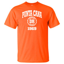 Orange men’s t-shirt with “Punta Cana 1969” and Dominican Republic badge by Punta Cana T-Shirts