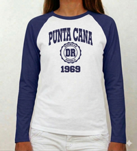 White/Navy: Women’s white and navy raglan long sleeve shirt with “Punta Cana 1969” design by Punta Cana T-Shirts