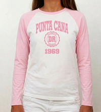 White/Pink: Women’s white and pink raglan long sleeve shirt with “Punta Cana 1969” design by Punta Cana T-Shirts