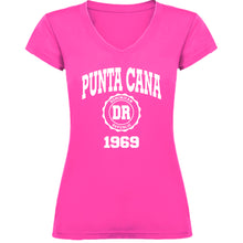 Fuchsia women’s v-neck t-shirt with “Punta Cana 1969” and Dominican Republic badge by Punta Cana T-Shirts