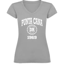 Gray women’s v-neck t-shirt with “Punta Cana 1969” and Dominican Republic badge by Punta Cana T-Shirts