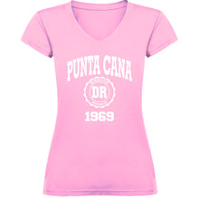 Light pink women’s v-neck t-shirt with “Punta Cana 1969” and Dominican Republic badge by Punta Cana T-Shirts.