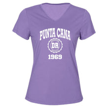 Pastle purple women’s v-neck t-shirt with “Punta Cana 1969” and Dominican Republic badge by Punta Cana T-Shirts.