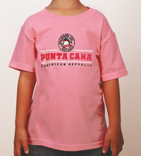 Azalea pink kids’ t-shirt with Punta Cana Dominican Republic logo and Hot Penguin, Ltd. mascot
