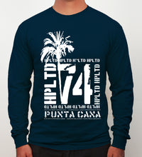 Navy blue long sleeve shirt with palm tree and graphic design, Punta Cana by Hot Penguin, Ltd.