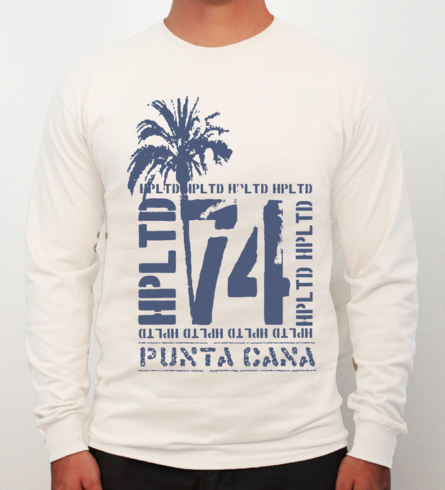 White long sleeve shirt with palm tree and graphic design, Punta Cana by Hot Penguin, Ltd.