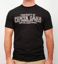 Black t-shirt with “Property of Punta Cana Rum Drinking Team” in white print by Hot Penguin, Ltd.