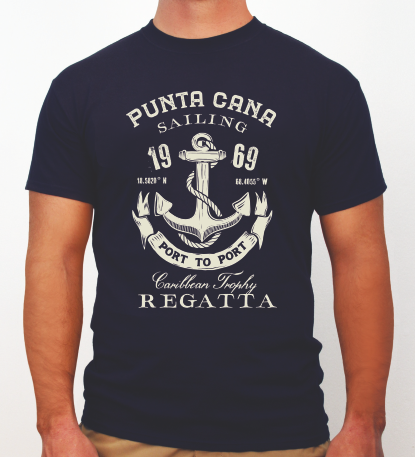 Navy blue t-shirt with anchor design and “Punta Cana Sailing Regatta” by Hot Penguin, Ltd.