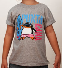 Gray kids’ t-shirt with surfing penguin and “Punta Cana” design by Hot Penguin, Ltd.