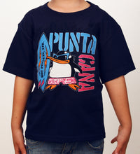 Navy kids’ t-shirt with surfing penguin and “Punta Cana” design by Hot Penguin, Ltd.