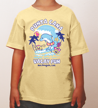 Vanilla kids’ t-shirt with “Punta Cana Vacay Fun” dolphin beach design by Hot Penguin, Ltd.