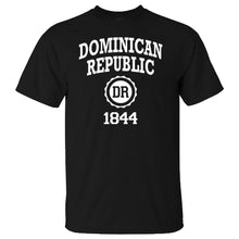 Dominican Republic basic t-shirt in black. 100% cotton crew neck tee with Dominican Republic 1844 logo printed on the front