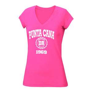 Punta Cana 1969 v-neck tee in fuchsia. 100% cotton, slim-fit, v-neck women's tee with Punta Cana 1969 logo printed on the front