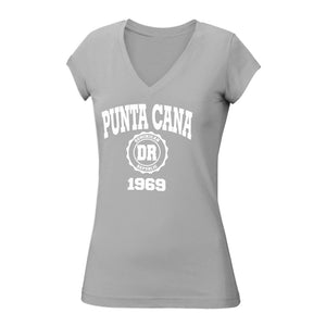 Punta Cana 1969 v-neck tee in athletic grey. 100% cotton, slim-fit, v-neck women's tee with Punta Cana 1969 logo printed on the front