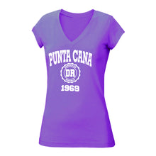 Punta Cana 1969 v-neck tee in purple. 100% cotton, slim-fit, v-neck women's tee with Punta Cana 1969 logo printed on the front
