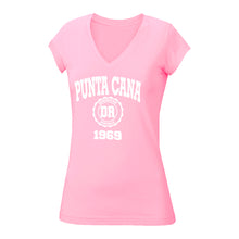 Punta Cana 1969 v-neck tee in soft pink. 100% cotton, slim-fit, v-neck women's tee with Punta Cana 1969 logo printed on the front