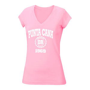 Punta Cana 1969 v-neck tee in soft pink. 100% cotton, slim-fit, v-neck women's tee with Punta Cana 1969 logo printed on the front