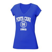 Punta Cana 1969 v-neck tee in royal blue. 100% cotton, slim-fit, v-neck women's tee with Punta Cana 1969 logo printed on the front