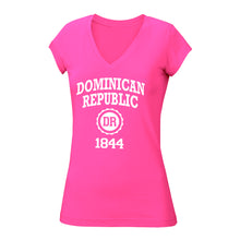 Dominican Republic, Women's Fashion, 1844 Independence, Cultural Apparel, V-Neck T-Shirt, Historical Fashion, Dominican Heritage, Patriotic Clothing, Stylish Tribute, Heritage Apparel, Women's Wardrobe, National Pride, Fashion Statement, Contemporary Design, Dominican Republic History.